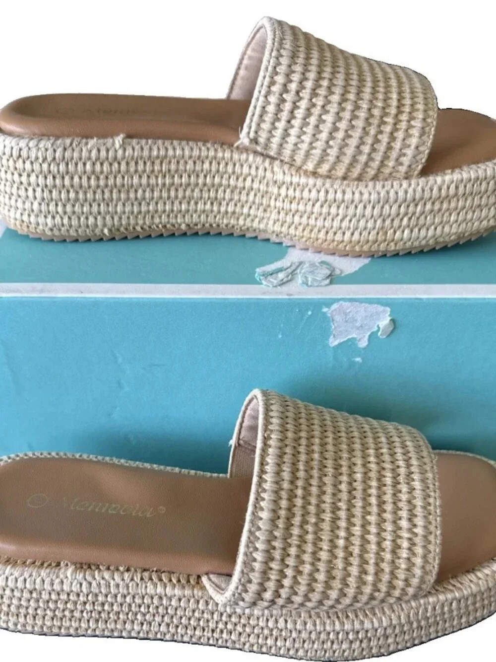 Platform Sandals Raffia Espadrilles Slip On Slides Summer Sz 6 Natural Beige